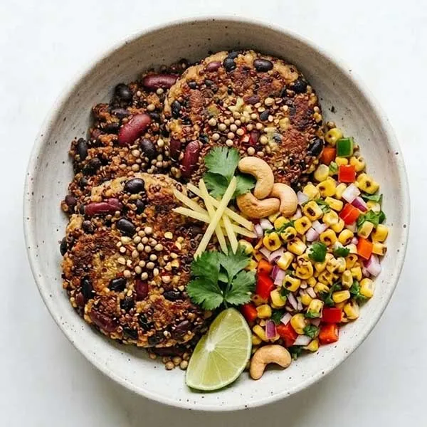 Spiced bean & quinoa burger bowl with charred corn salsa